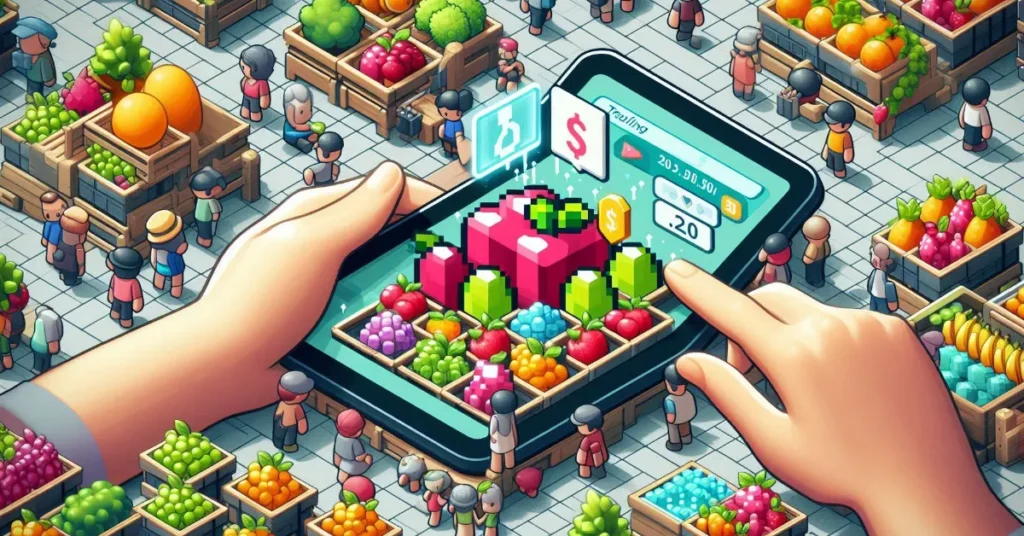 Blox Fruits player trading in an active marketplace with fruit value tags