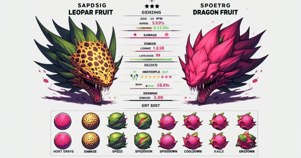 Comparison of Leopard and Dragon fruit stats for grinding performance in King Legacy