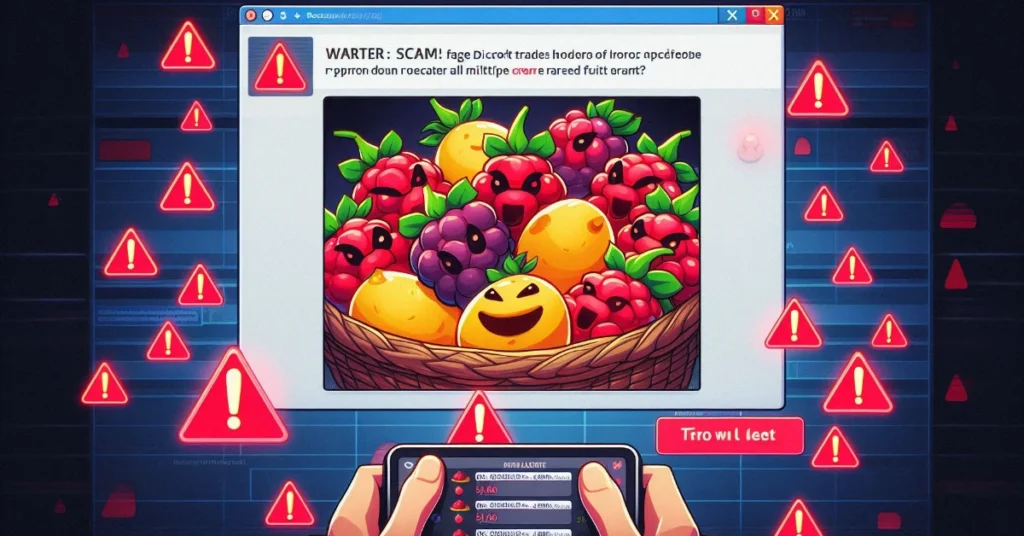 Example of a Discord trade scam alert in Blox Fruits with warning signs