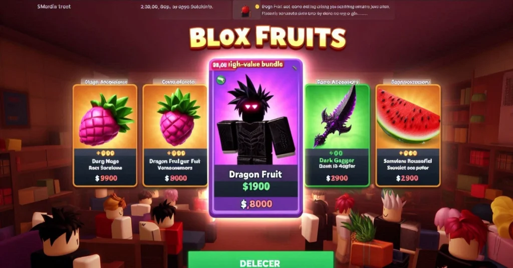 Trade screen showing a high value bundle with rare fruit, weapon, and accessory