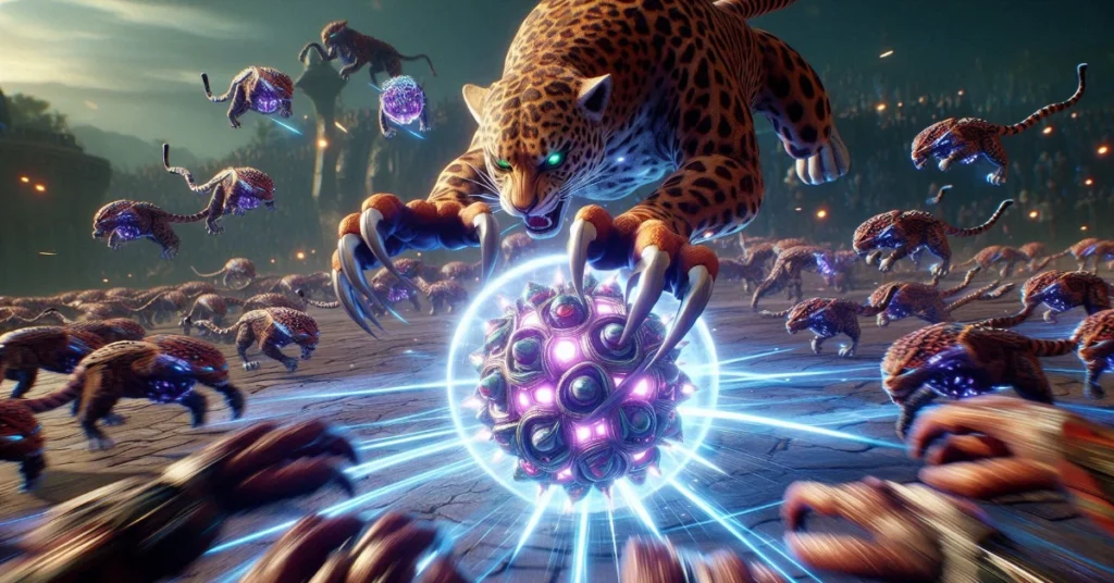 Action shot of Leopard's Predator Dash skill hitting multiple NPCs in King Legacy